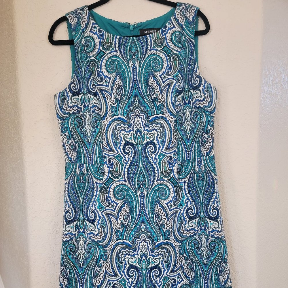 Nine West Knee Length Teal Blue Paisley Dress